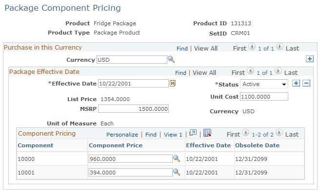 Package Component Pricing page