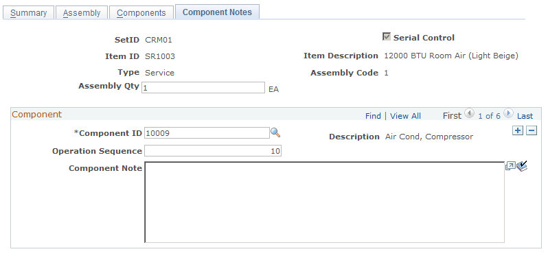 Assemblies - Component Notes page