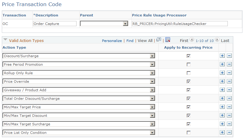 Price Transaction Code page (1 of 2)