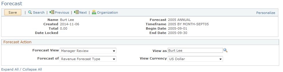 Forecast page displaying data in manager review (1 of 2)