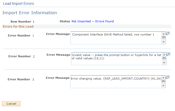 Import Error Information page