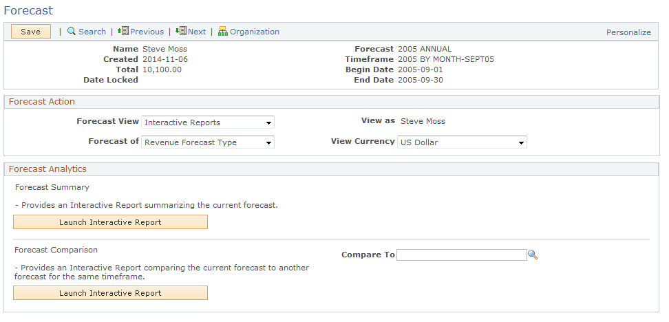 Forecast page (Interactive Reports view)