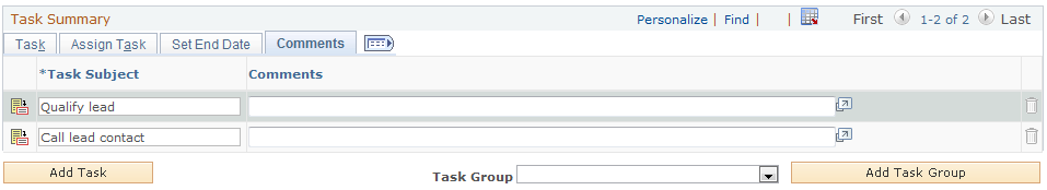 Lead - Tasks page: Comments tab