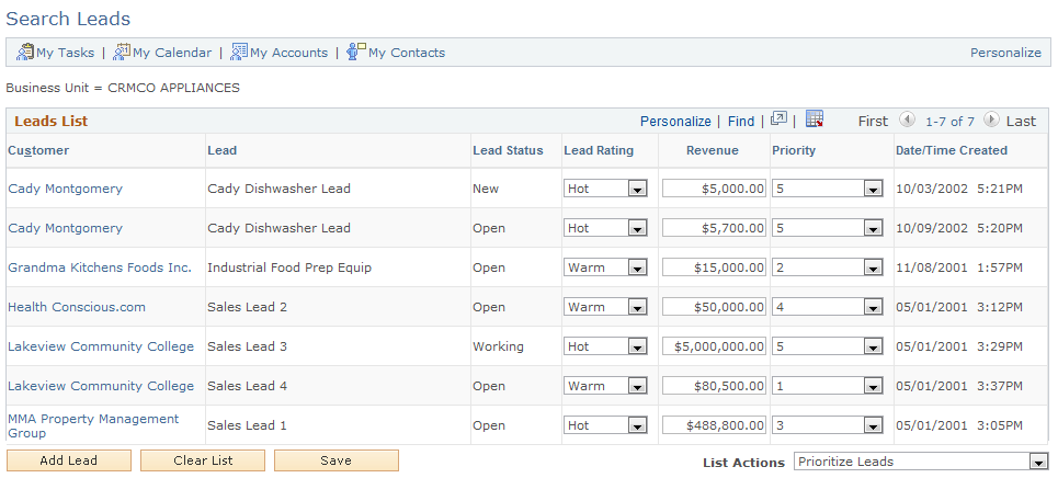 Search Leads page (prioritize leads action)