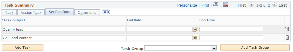 Lead - Tasks page: Set End Date tab