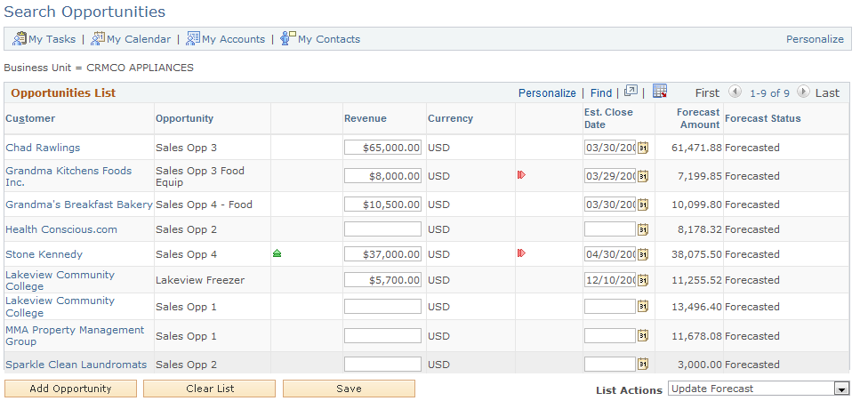 Search Opportunities page (update forecast action)