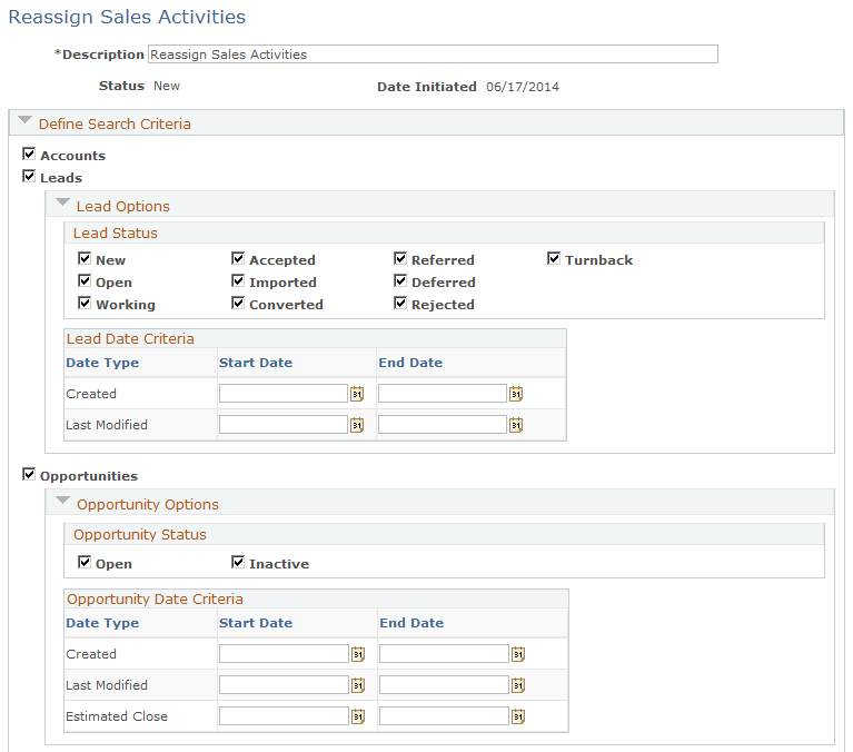 Reassign Sales Activities page (1 of 2)