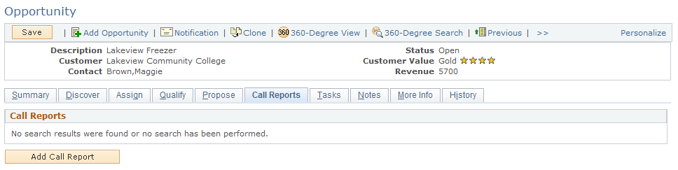 Opportunity - Call Reports page