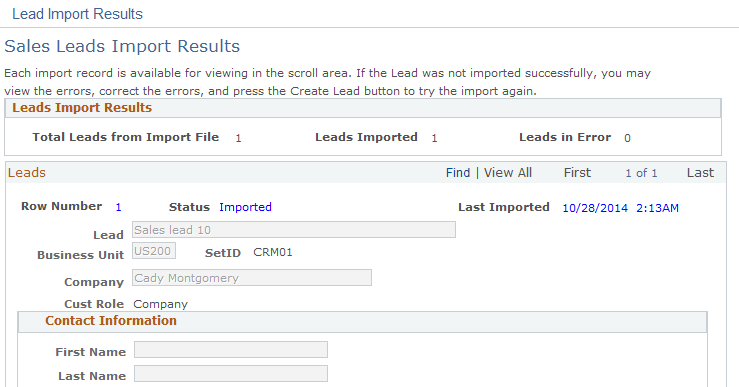 Sales Leads Import Results page