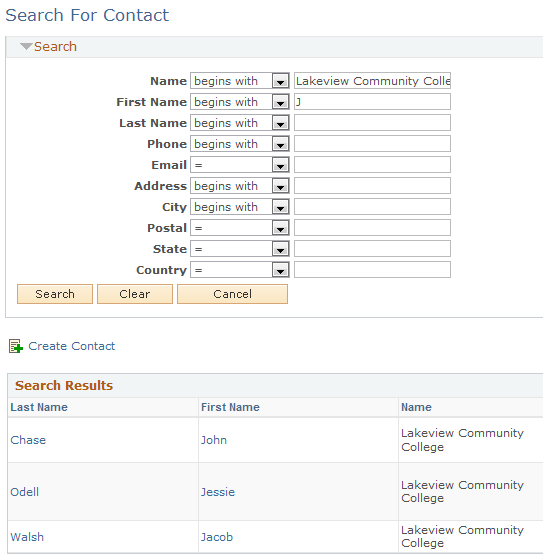 Search For Contact page