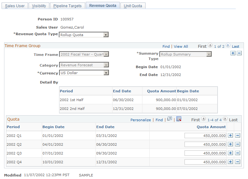 Revenue Quota page