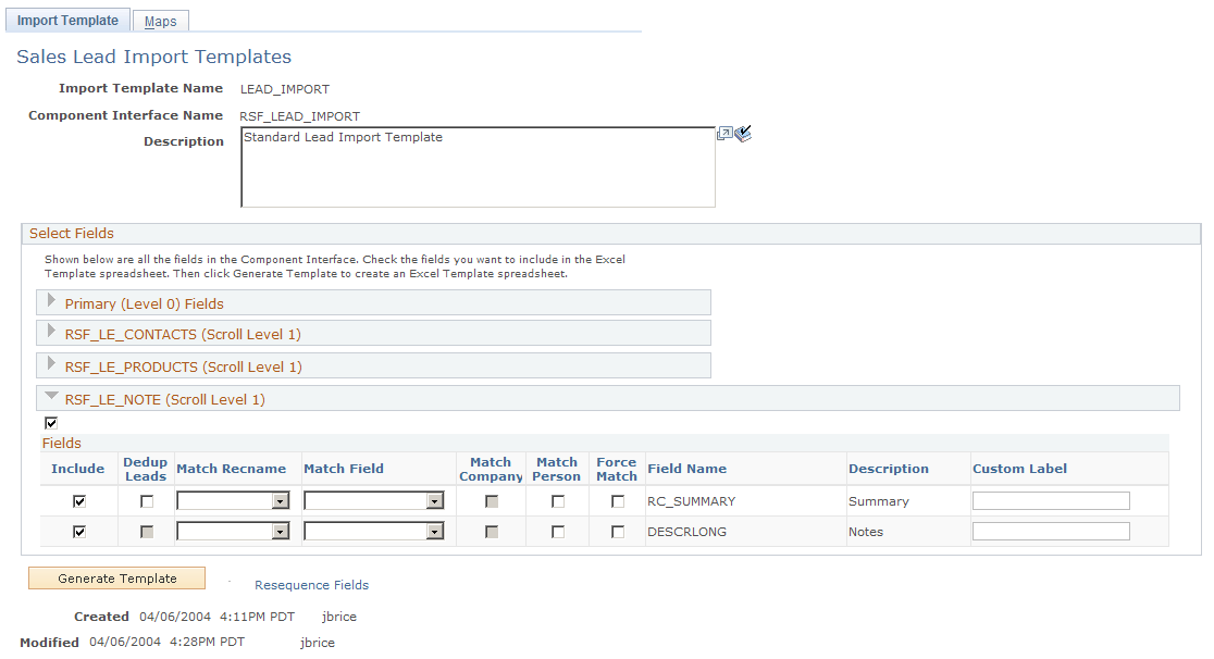 Import Template page