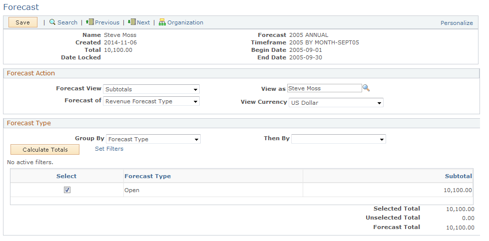 Forecast page displaying data in subtotals view