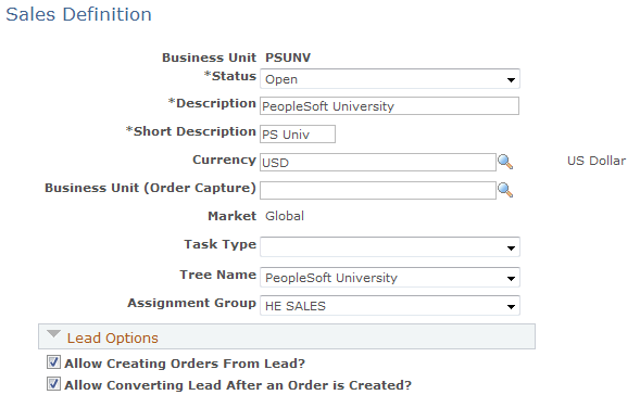 Sales Definition page