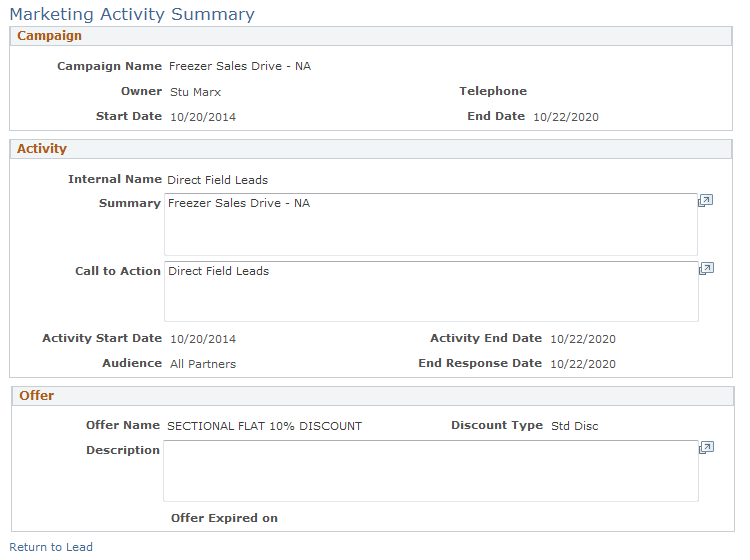 Marketing Activity Summary page