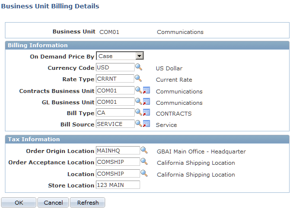 Business Unit Billing Details page