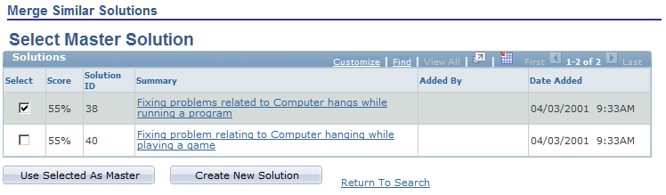 Merge Similar Solutions - Select Master Solution page