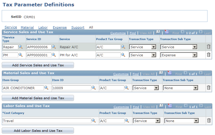 Tax Parameter Definitions page (1 of 2)