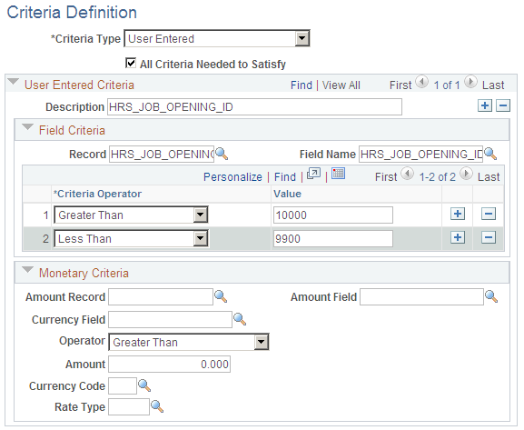 Criteria Definition page showing criteria type User Entered