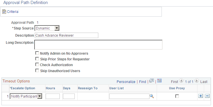 Approval Path Definition page