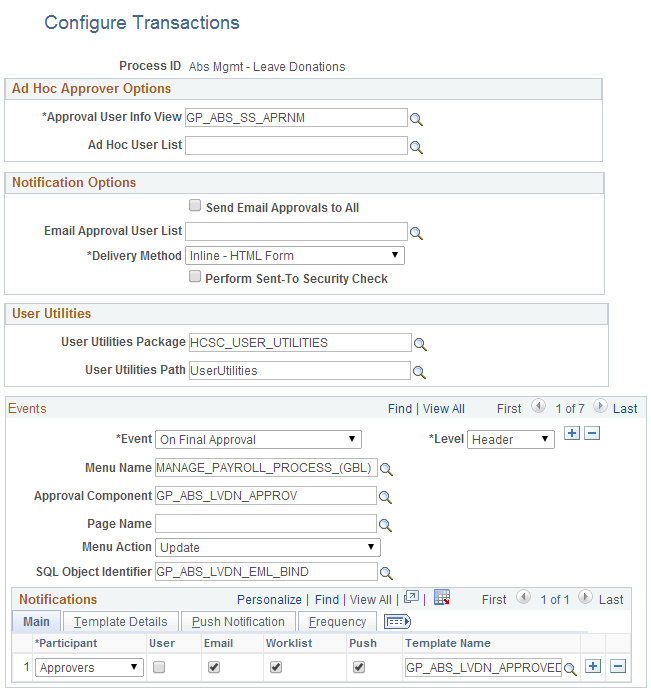 Configure Transactions page