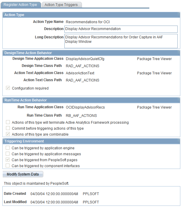 Register Action Type page