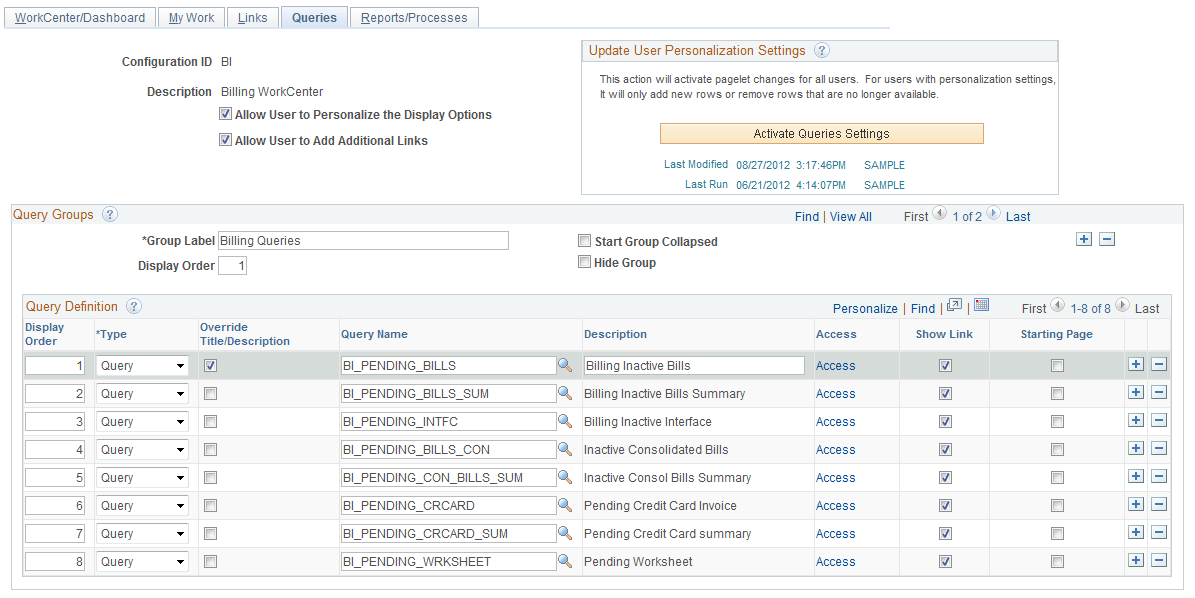 Configure Pagelets - Queries page