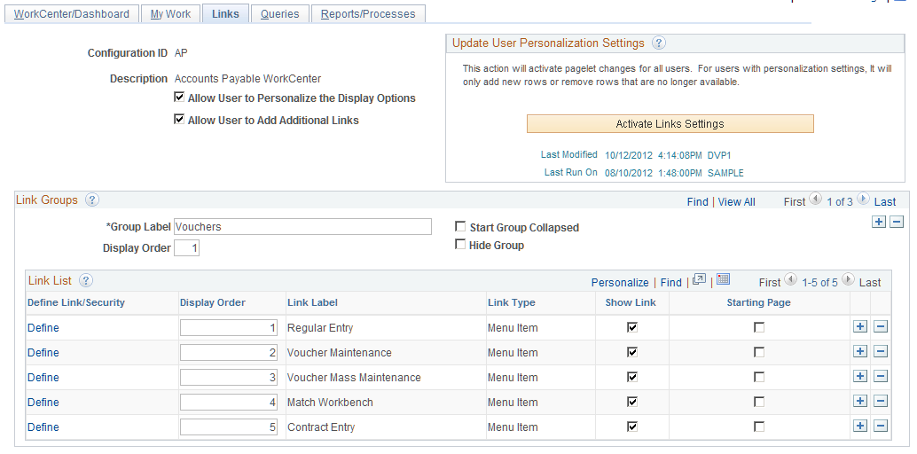 Configure Pagelets â€“ Links page