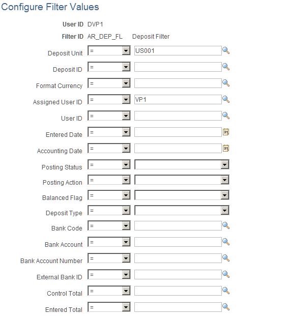 Configure Filter Values page