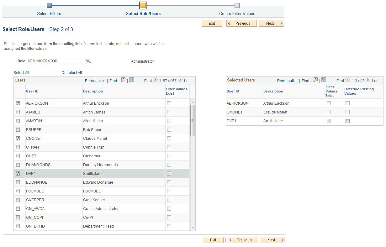 Filter Value Copy Wizard - Select Roles/Users page