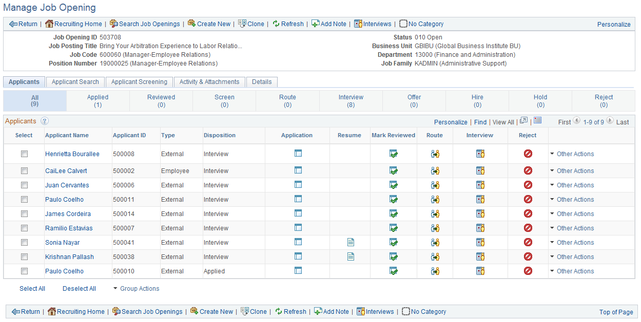 Toolbar used on the Manage Job Opening page