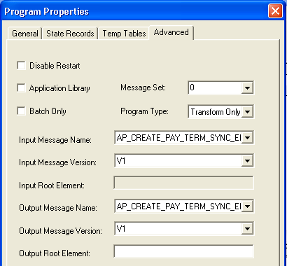 Application Engine program properties for a transform program