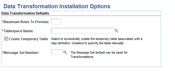 Data Transformation Installation Options page