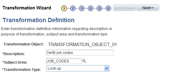 Transformation Wizard - Transformation Definition page