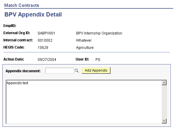 Match Contracts - BPV Appendix Detail page