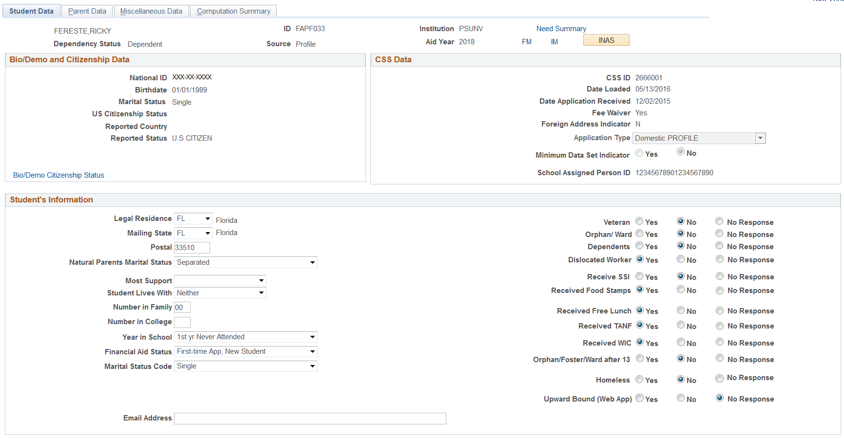 Maintain Institutional Application, Student Data tab (page 1 of 3)