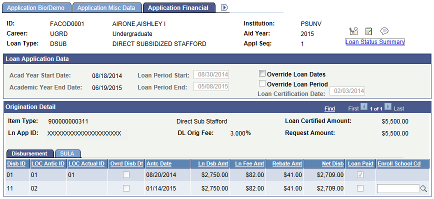 Application Financial page: Disbursement tab