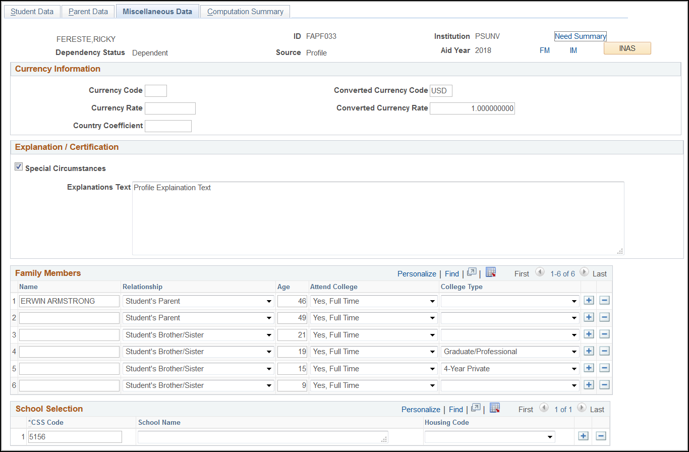 Maintain Institutional Application, Miscellaneous Data tab (1 of 2)