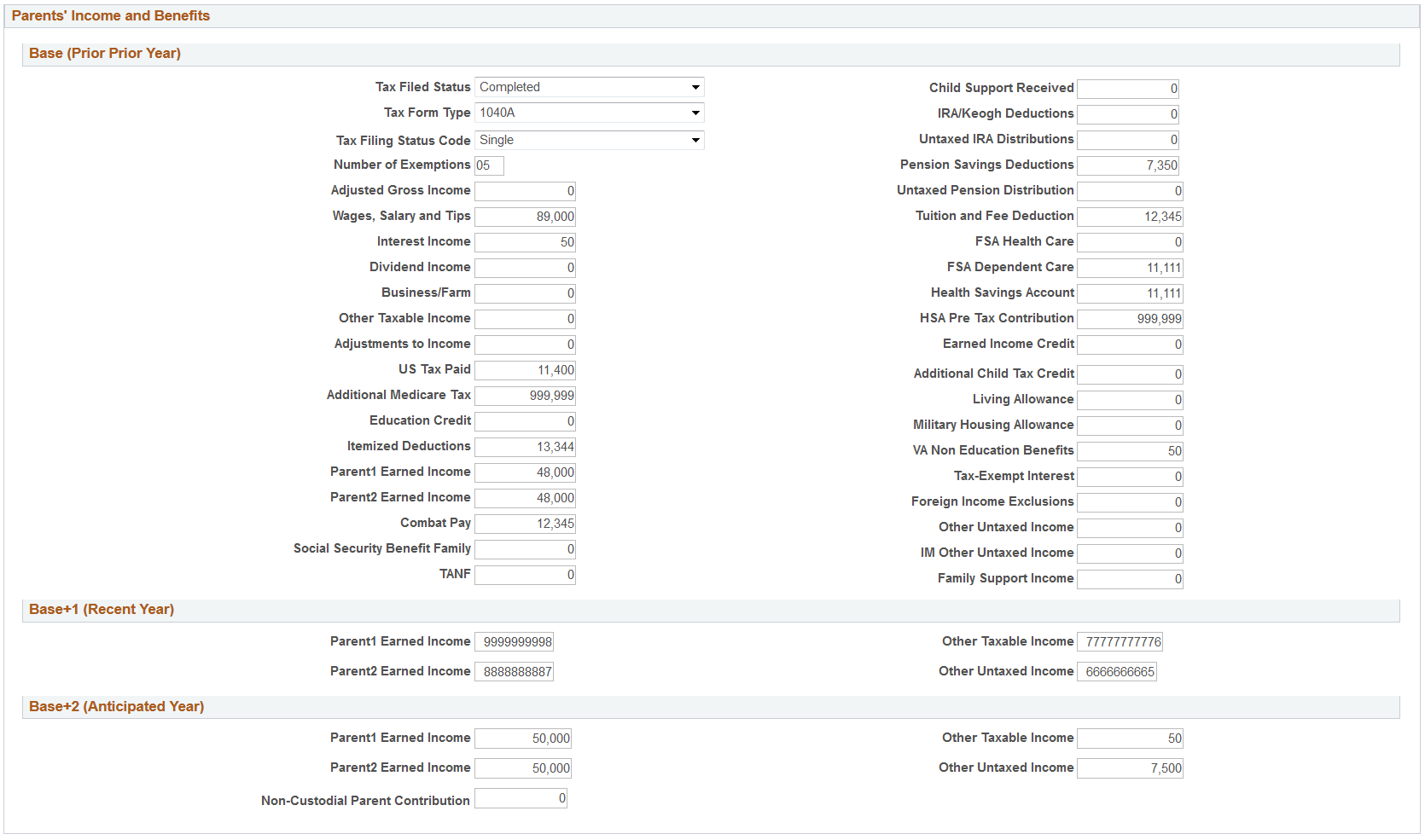 Maintain Institutional Application, Parent Data tab (page 2 of 5)