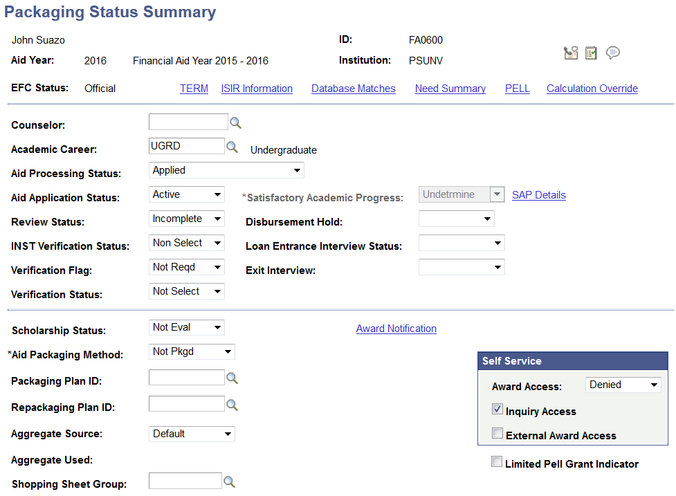 Packaging Status Summary page