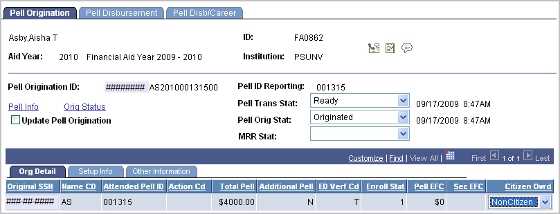 Pell Origination page, Org (Origination) Detail tab