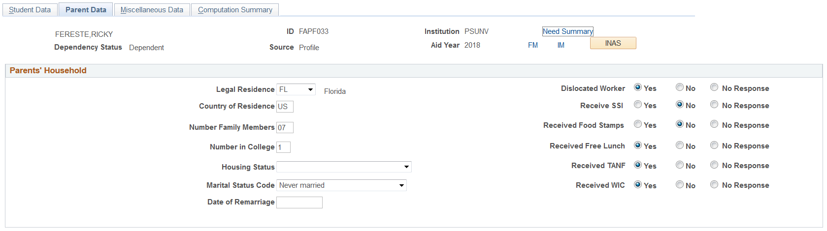 Maintain Institutional Application, Parent Data tab (page 1 of 5)