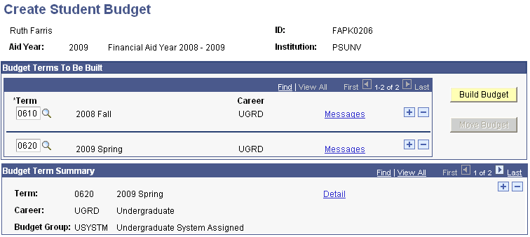 Create Student Budget page