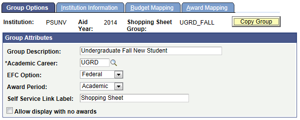 Group Options page