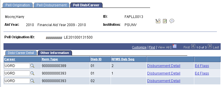 Pell Disb (disbursement)/Career page: Other Information tab