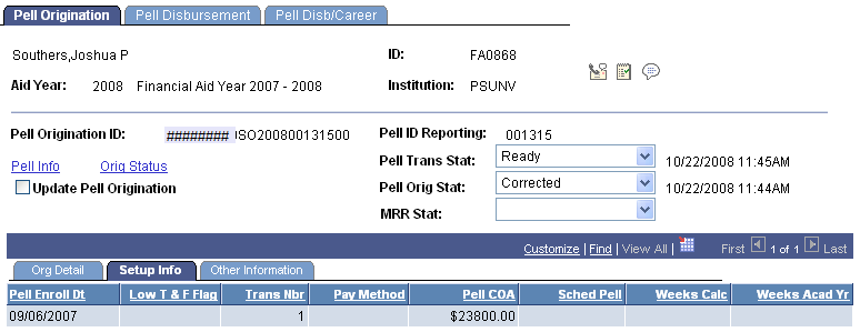 Pell Origination page: Setup Info (information) tab