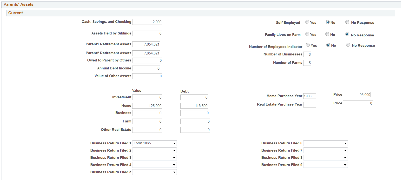 Maintain Institutional Application, Parent Data tab (page 3 of 5)