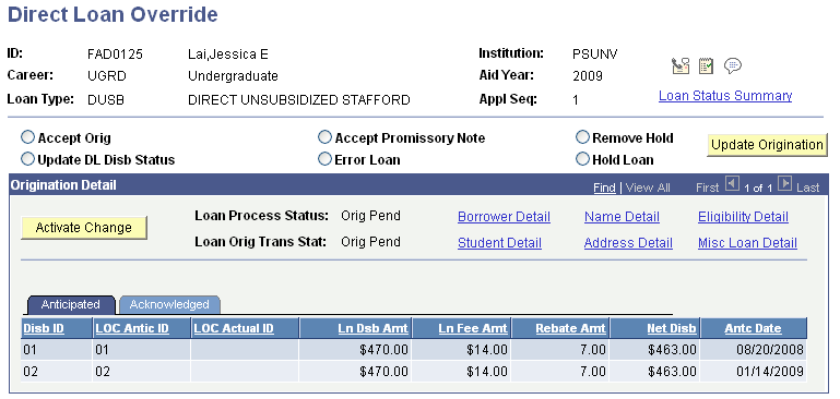Direct Loan Override page