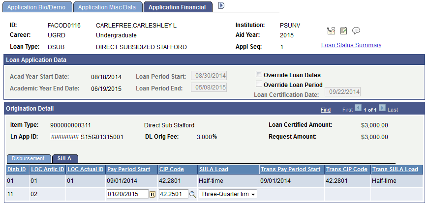 Application Financial page: SULA (subsidized undergraduate limit applies) tab