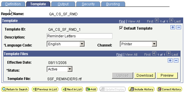 Report Definition â Template page